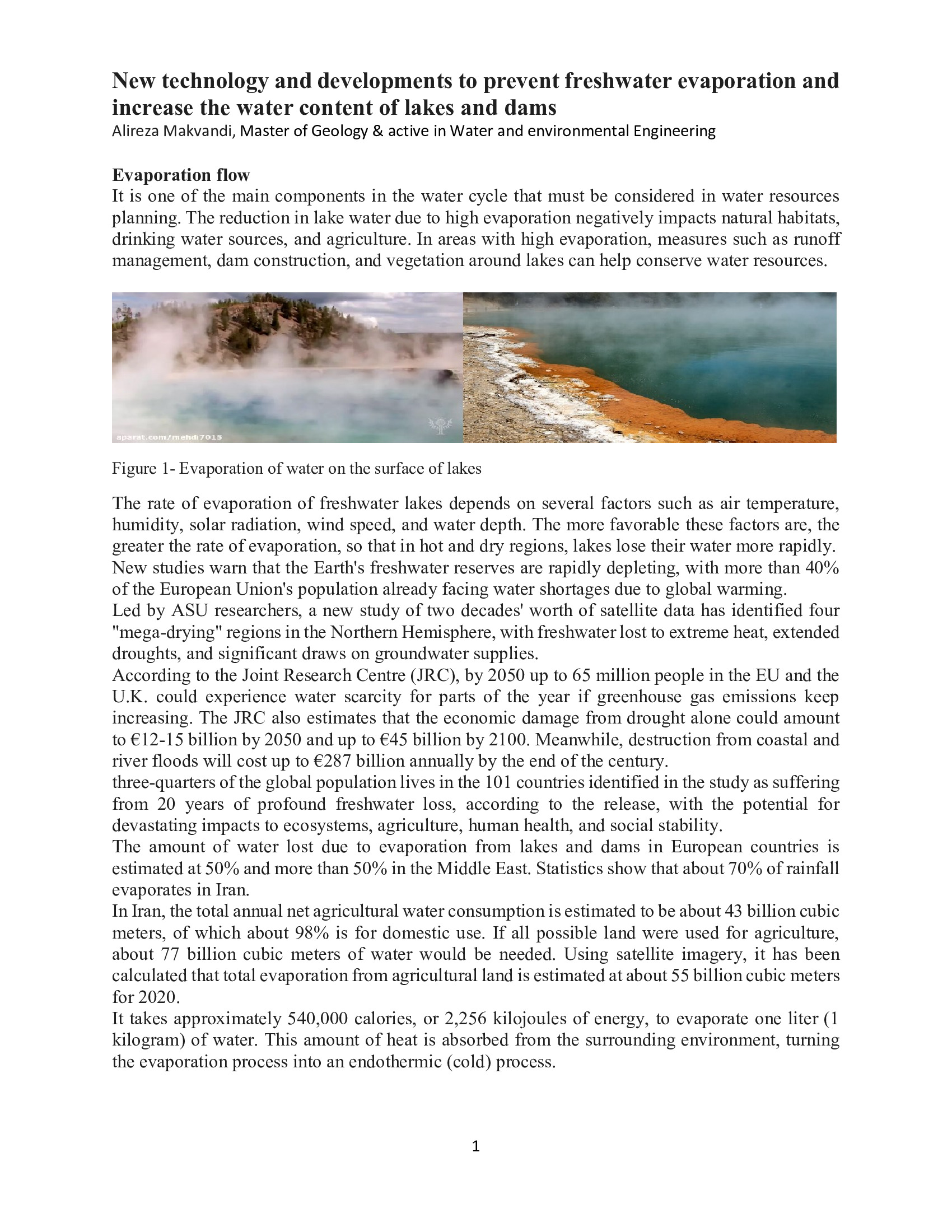 New technology and developments to prevent freshwater evaporation and increase the water content of lakes and damsAlireza Makvandi, Master of Ge...