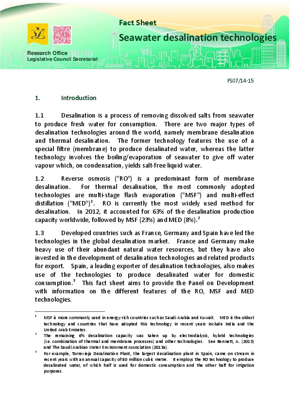 Seawater Desalination Technologies - Fact Sheet