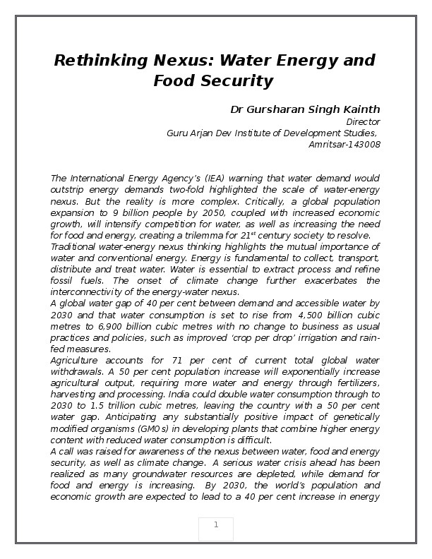 Rethinking Nexus: Water Energy and Food Security