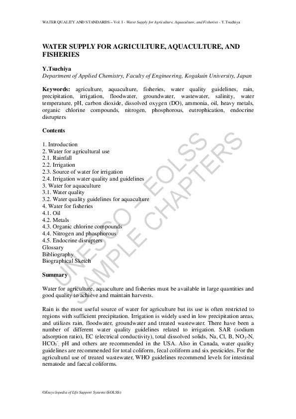 Water Supply for Agriculture, Aquaculture and Fisheries