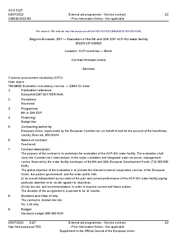 Forecast Tender Evaluatin of the 9th and 10th EDF ACP-EU water facility