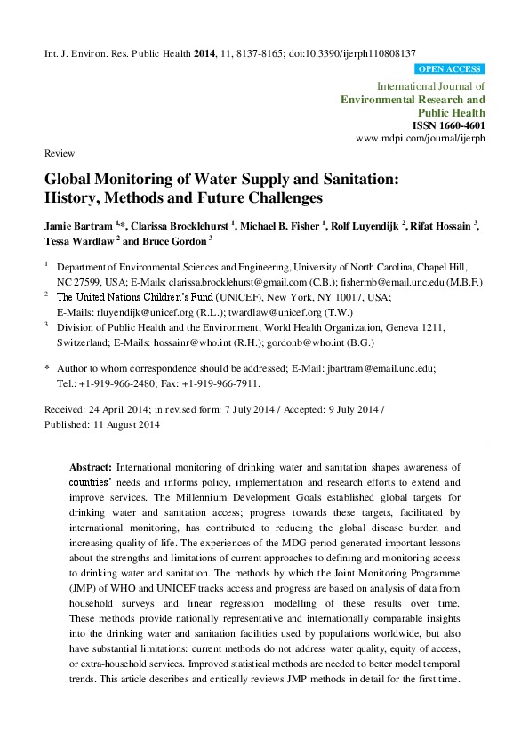 Global Monitoring of Water Supply and Sanitation:  History, Methods and Future Challenges 