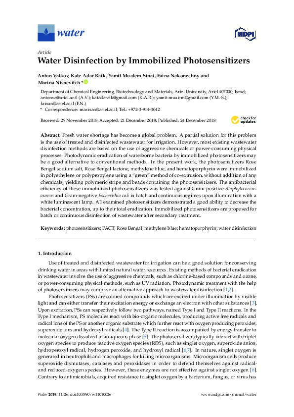Water Disinfection by Immobilized Photosensitizers