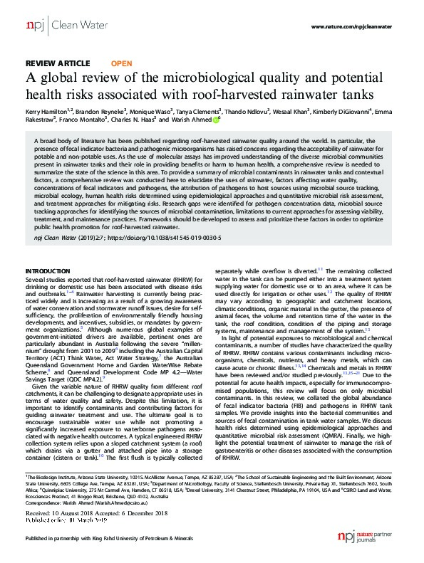 Global Review Of Microbiological Quality & Potential Health Risks Associated With Rainwater Tanks