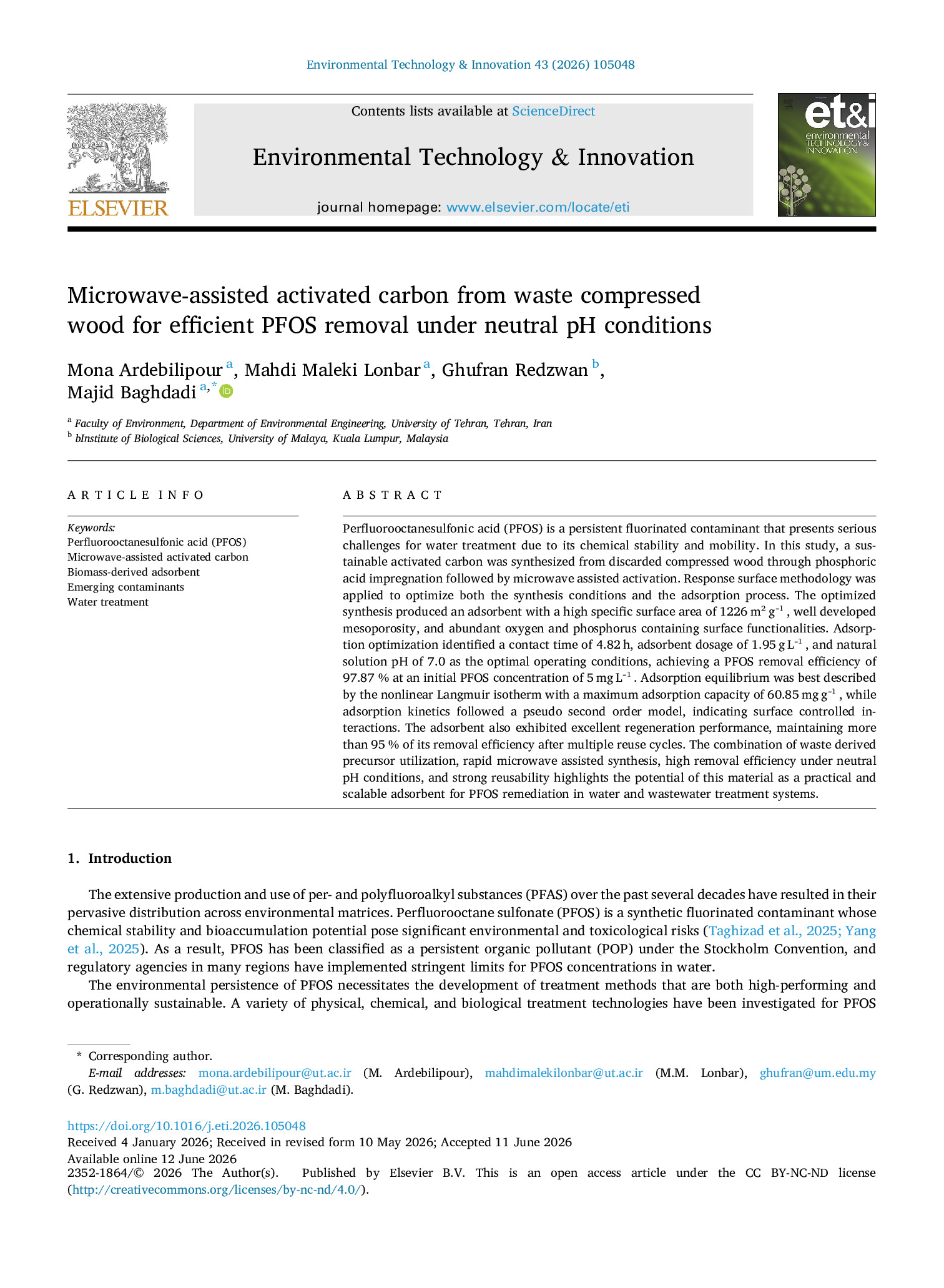 Microwave assisted activated carbon from waste compressed wood for efficient PFOS removal