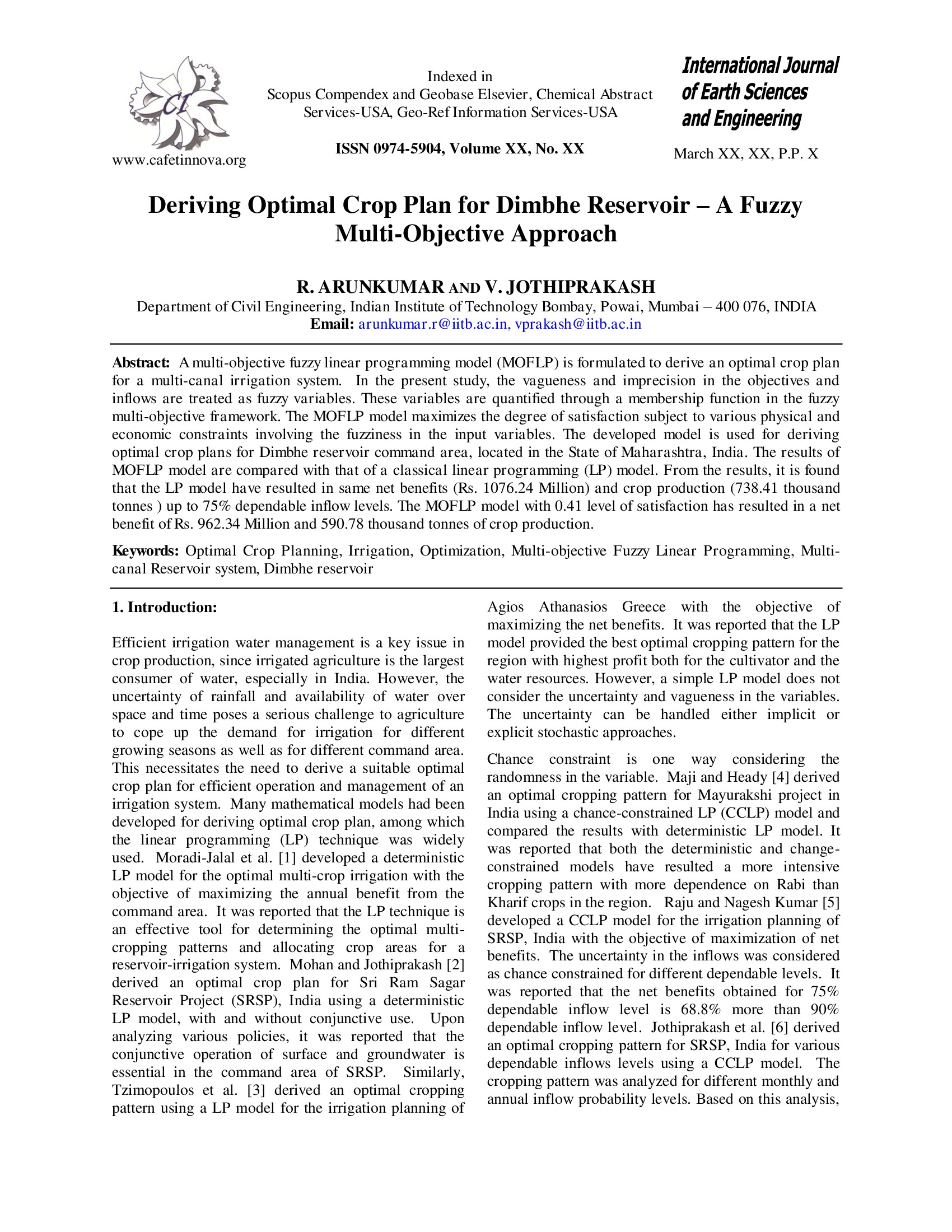 Deriving Optimal Crop Plan for Dimbhe Reservoir – A Fuzzy Multi-Objective Approach