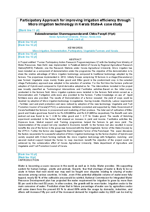 Participatory Approach for improving Irrigation efficiency through Micro irrigation technology in Kerala State-A case study