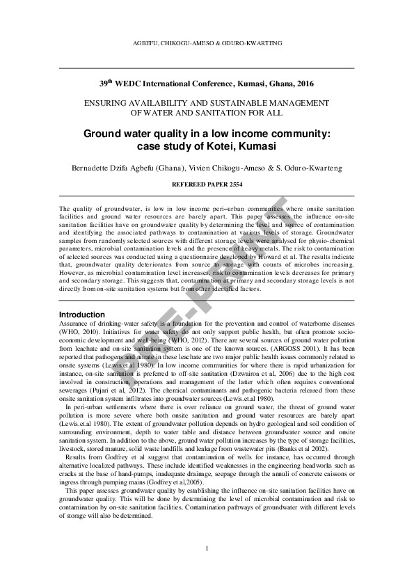 Groundwater quality in a low income community,  Case study of Kotei Kumasi-Ghana