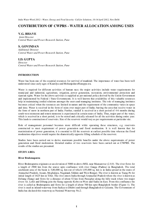 Contribution of CWPRS - Water Allocation Among Uses