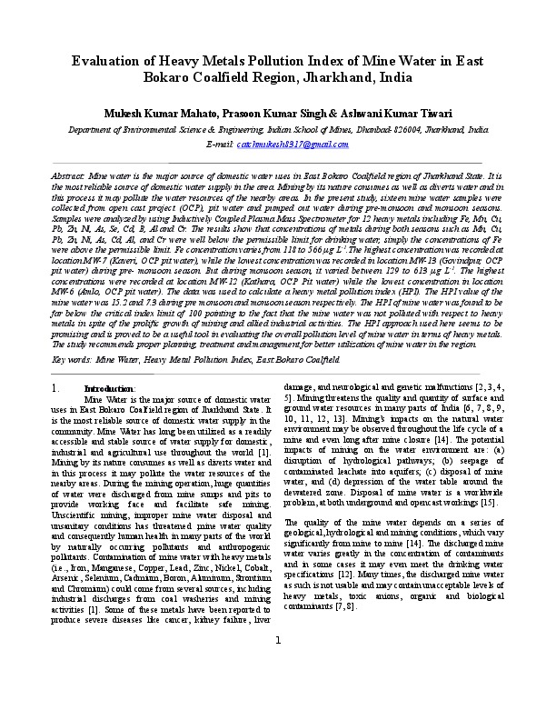 Evaluation of Heavy Metals Pollution Index of Mine Water in East Bokaro Coalfield Region, Jharkhand, India