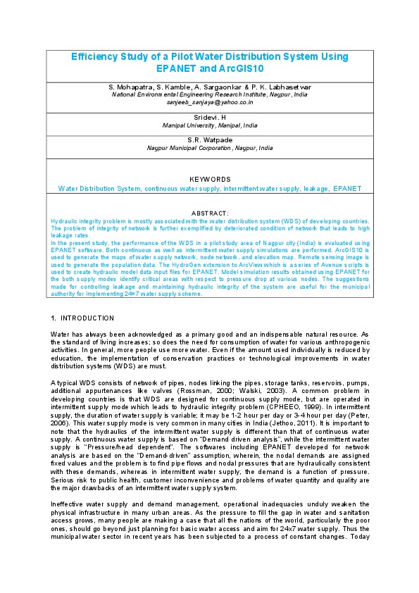 Efficiency Study of a Pilot Water Distribution System Using EPANET and ArcGIS10