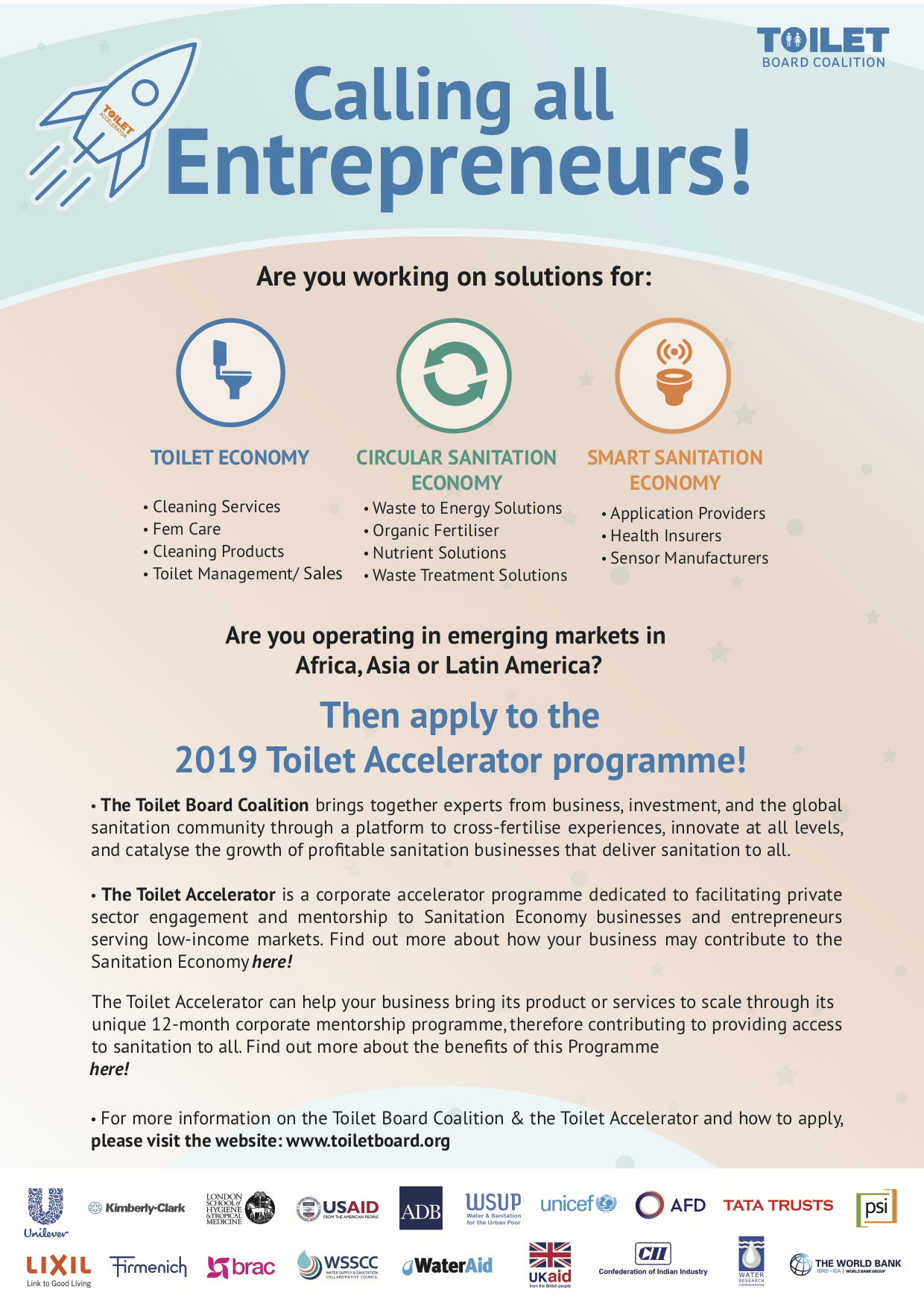 Toilet Board Coalition&nbsp; Open &nbsp;Call for&nbsp;Entrepreneurs: Are you an entrepreneur in biological resources, digital health or sanitati...