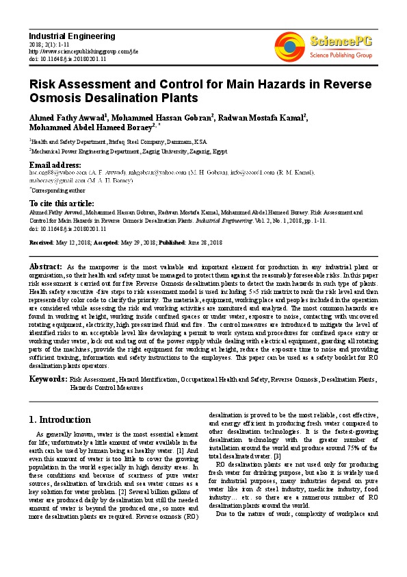 Risk ​Assessment and ​Control for ​Main Hazards in ​Reverse Osmosis ​Desalination ​Plants