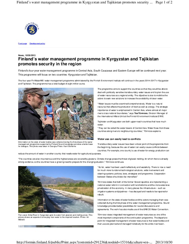 Finland’s water management programme in Kyrgyzstan and Tajikistan promotes security in the region