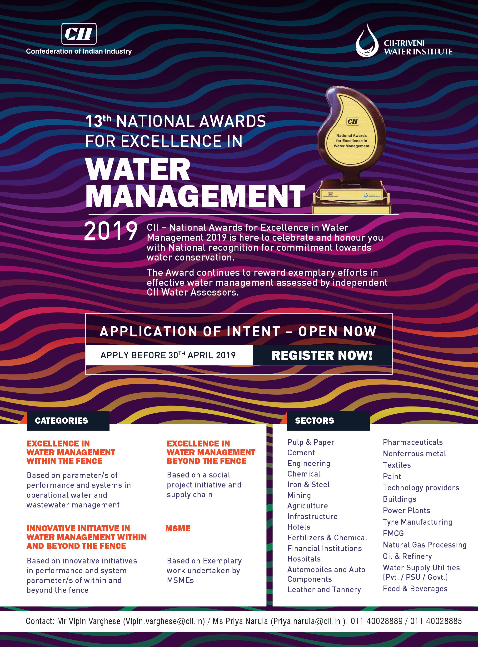 13th National Awards for Excellence in Water Management! Application of Intent ! Open Now !&nbsp;