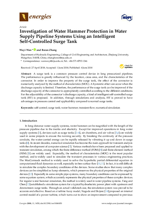 Investigation of Water Hammer Protection in Water Supply Pipeline Systems