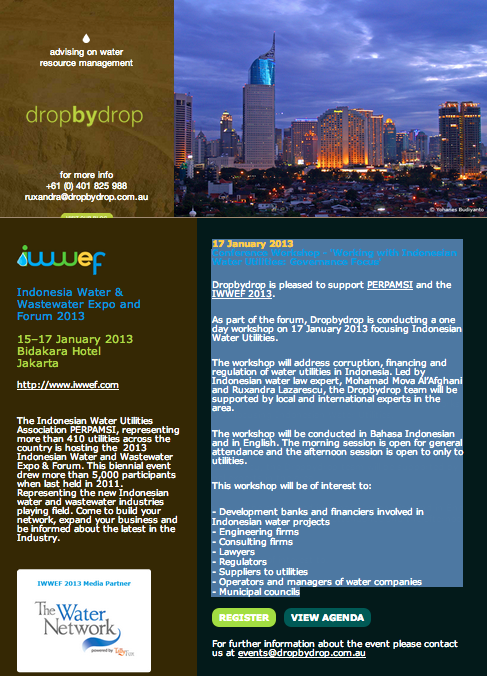 17 January 2013 Conference Workshop in Jakarta - &#039;Working with Indonesian Water Utilities: Governance Focus &#039; Dropbydrop is pleased to support P...