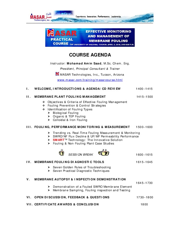 EFFECTIVE MONITORING AND MANAGEMENT OF MEMBRANE FOULING COURSE