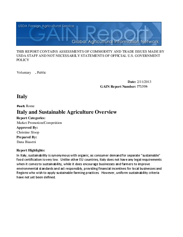 Sustainable Agriculture in Italy 2014 