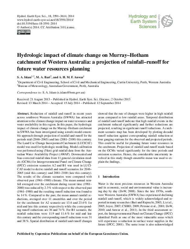 Hydrologic impact of climate change on Murray–Hotham catchment of Western Australia: a projection of rainfall–runoff for future water resources planning