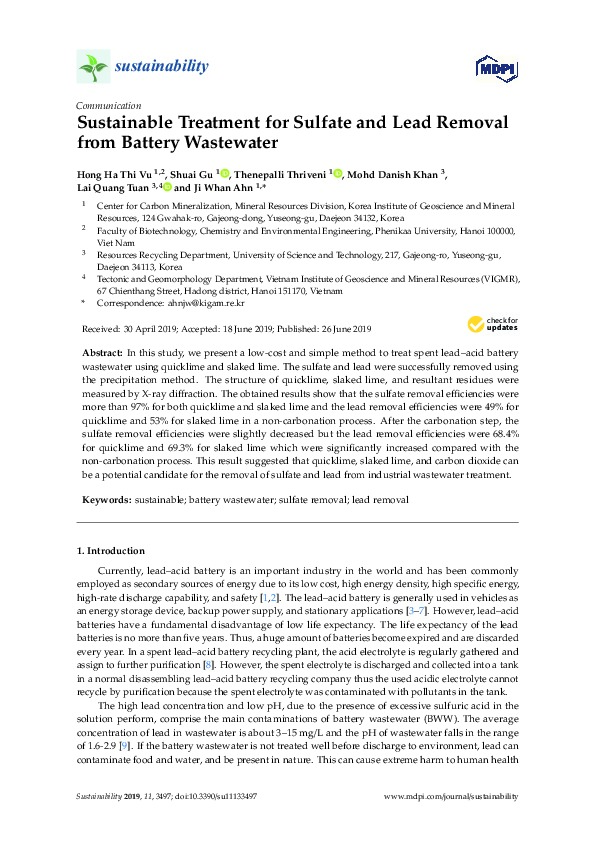 Sustainable Treatment for Sulfate and Lead Removal from Battery Wastewater