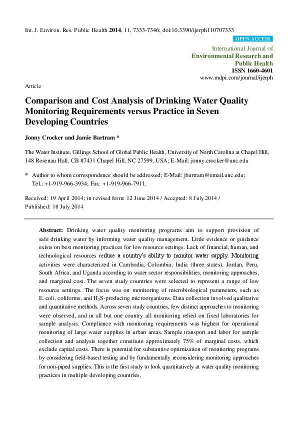 Comparison and Cost Analysis of Drinking Water Quality Monitoring Requirements versus Practice in Seven Developing Countries