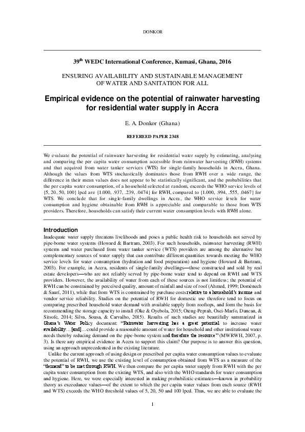 Empirical evidence on the potential of rainwater harvesting for residential water supply in Accra