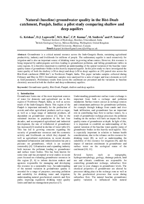 Natural (baseline) groundwater quality in the Bist-Doab catchment, Punjab, India: a pilot study comparing shallow and deep aquifers