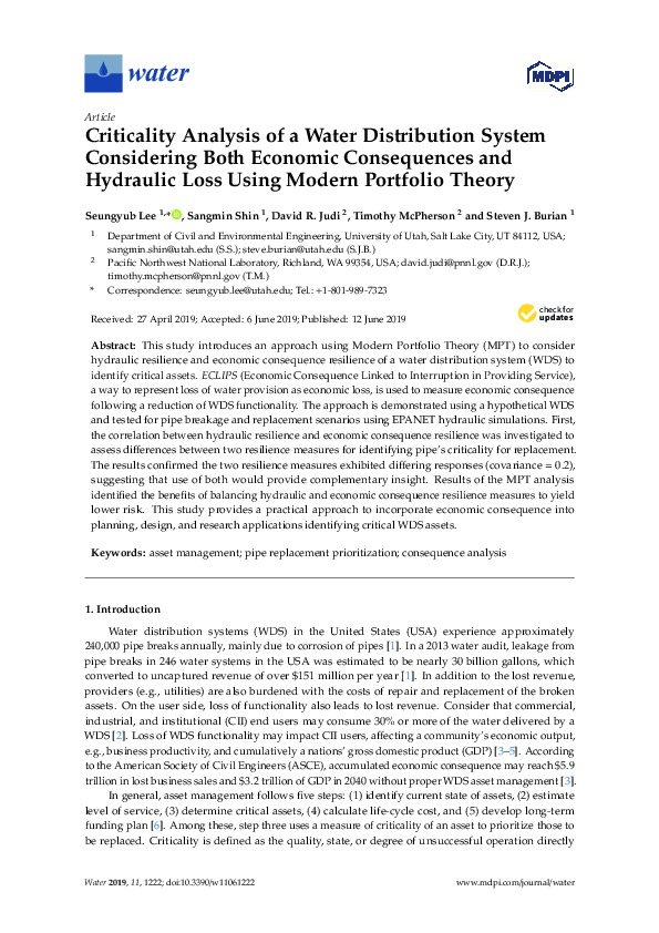 Criticality Analysis of Water Distribution System Considering Economic Consequences & Hydraulic Loss