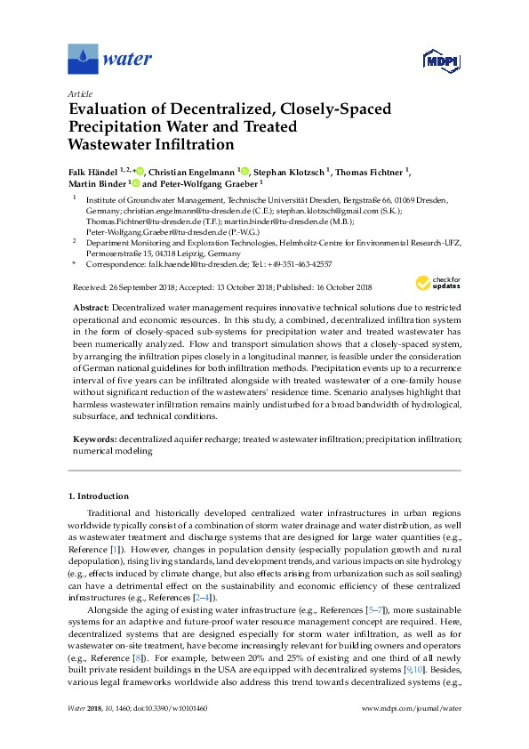 Evaluation of Decentralized, Closely-Spaced Precipitation Water and Treated Wastewater Infiltration