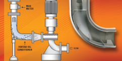 Vortab Elbow flow conditioner removes swirl for accurate mag meter measurement