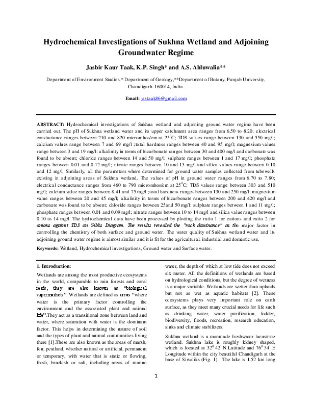 Hydrochemical Investigations of Sukhna Wetland and Adjoining Groundwater Regime