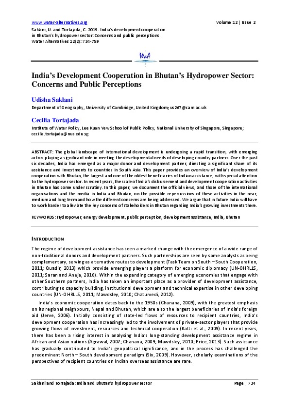 India’s Development Cooperation in Bhutan’s Hydropower Sector: Concerns and Public Perceptions