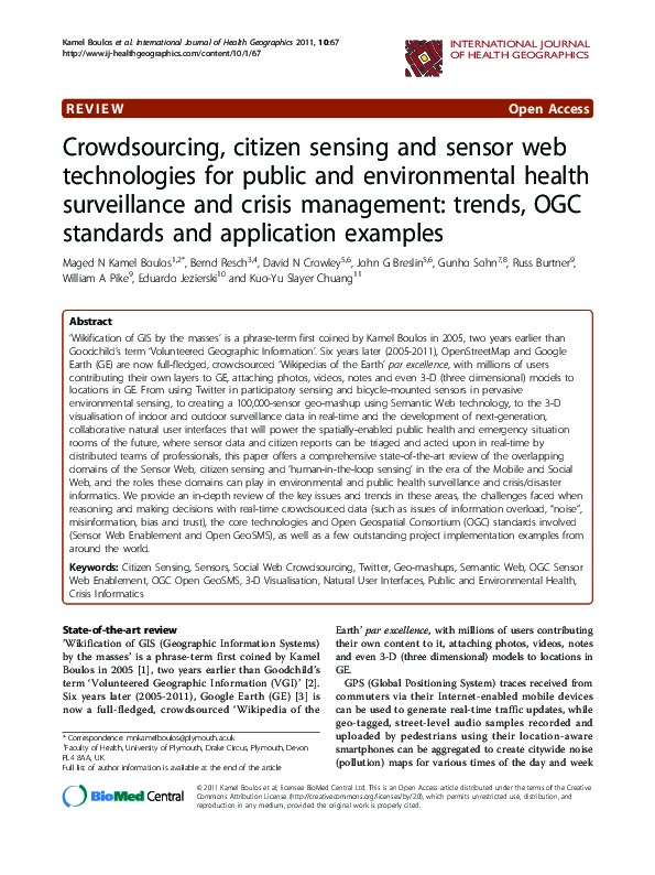 Crowdsourcing, citizen sensing and sensor web technologies for public and environmental health surveillance and crisis management: trends, OGC standards and application examples