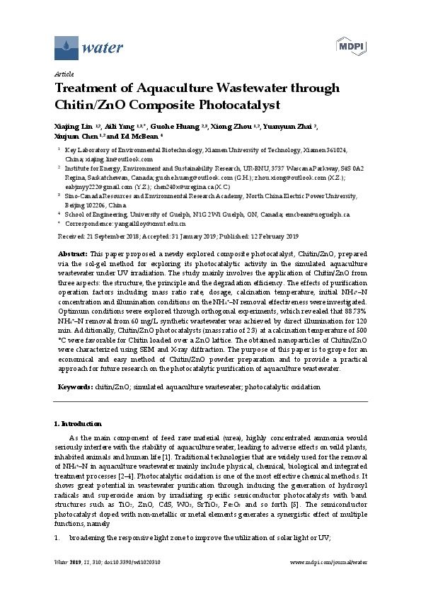 Treatment of Aquaculture Wastewater through ChitinZnO Composite Photocatalyst
