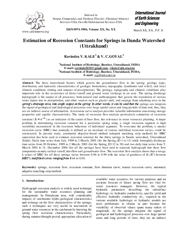 Estimation of Recession Constants for Springs in Danda Watershed (Uttrakhand)