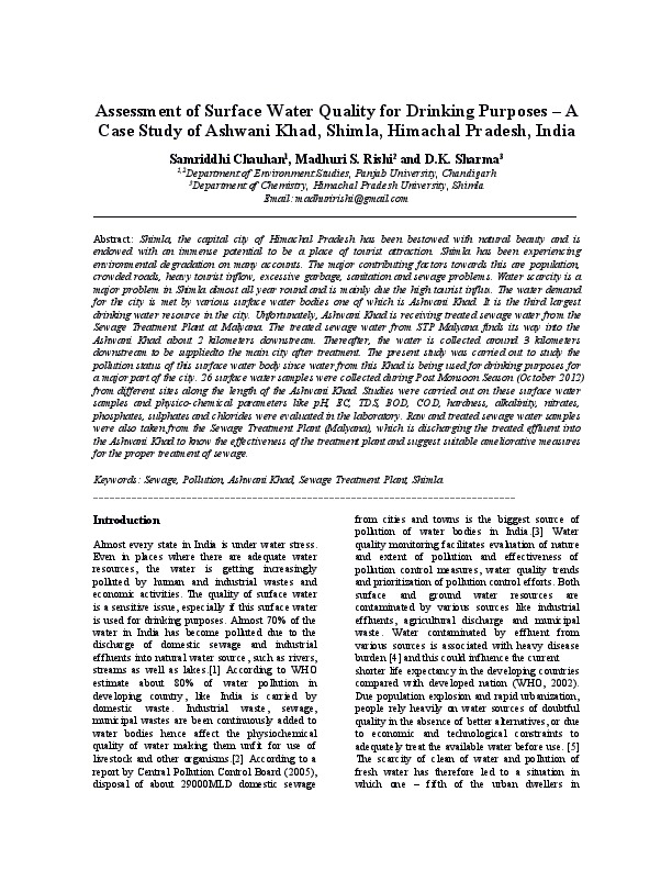 Assessment of Surface Water Quality for Drinking Purposes – A Case Study of Ashwani Khad, Shimla, Himachal Pradesh, India