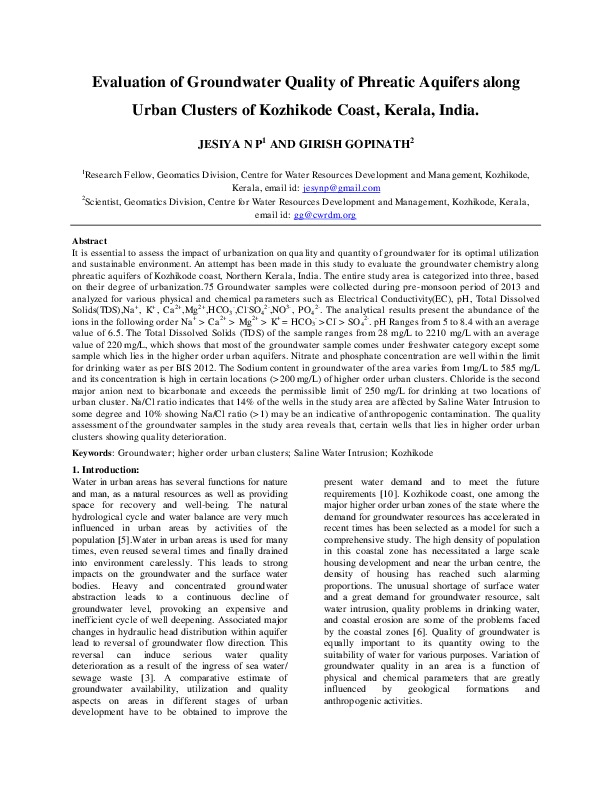 Evaluation of Groundwater Quality of Phreatic Aquifers along Urban Clusters of Kozhikode Coast, Kerala, India