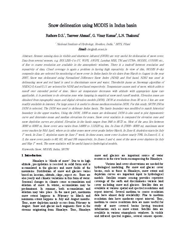Snow delineation using MODIS in Indus basin
