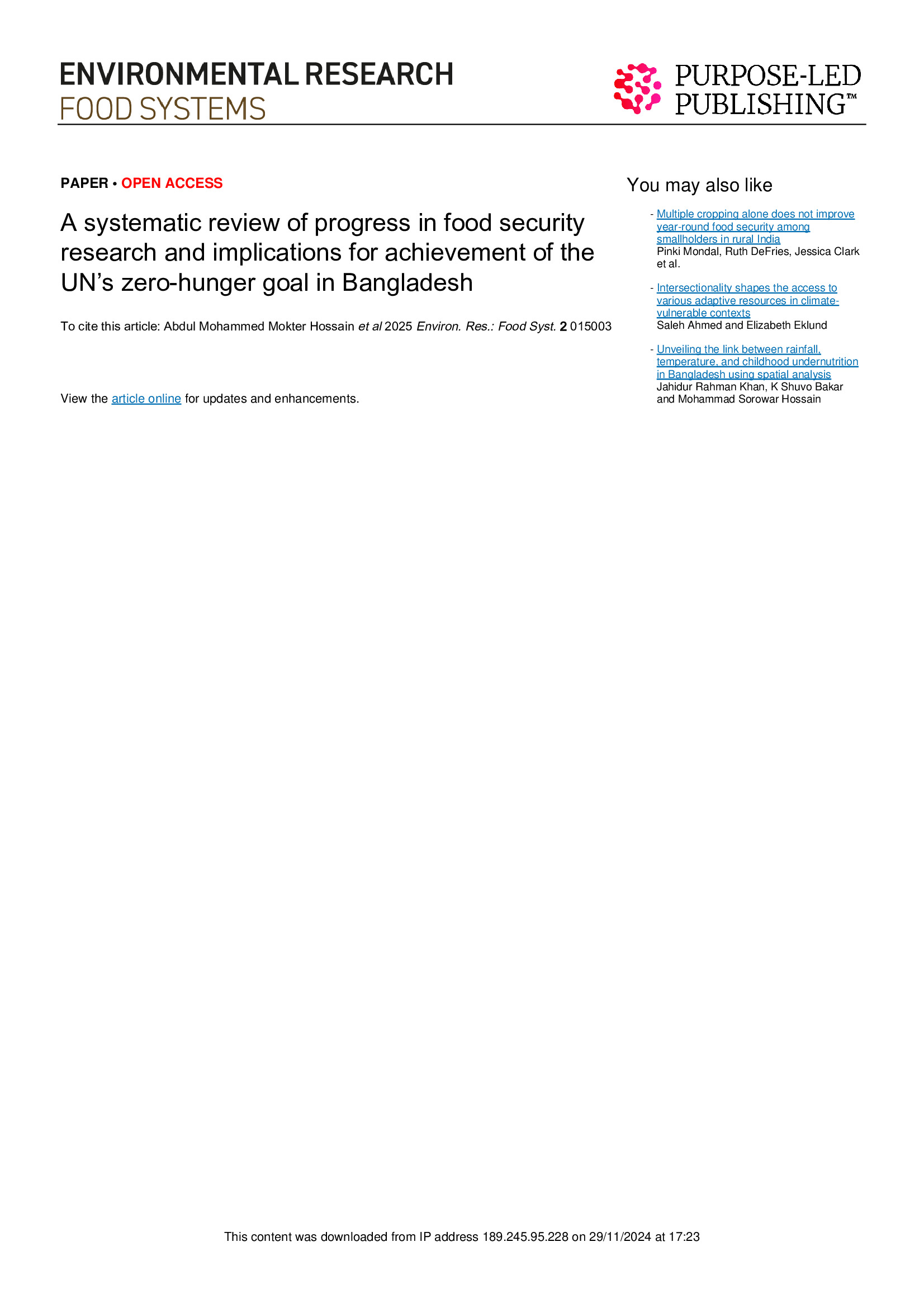 A systematic review of progress in food security research of the UN's zero-hunger goal in Bangladesh