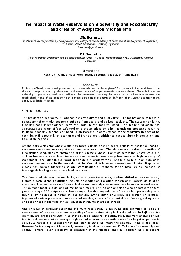 The Impact of Water Reservoirs on Biodiversity and Food Security and creation of Adaptation Mechanisms