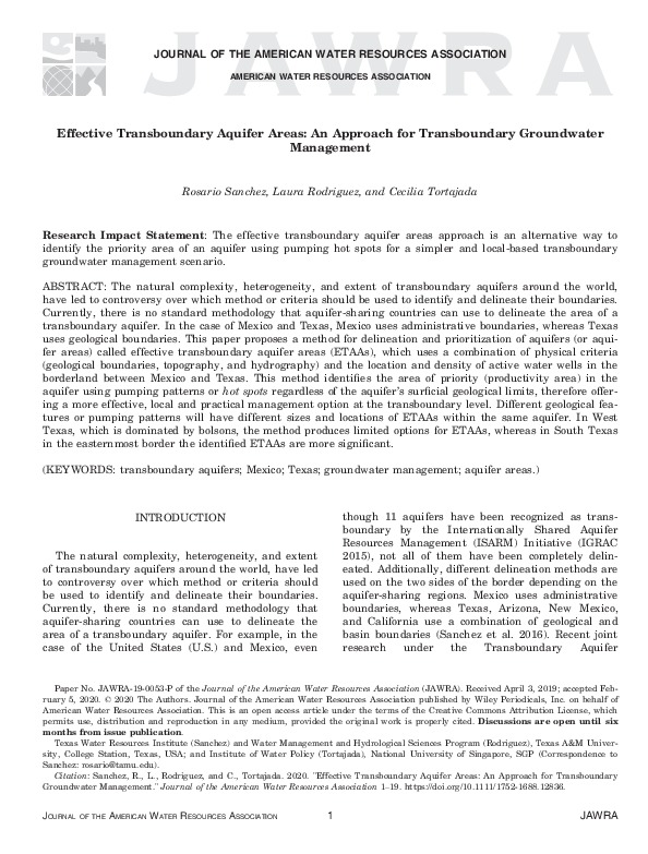 Effective Transboundary Aquifer Areas: An Approach for Transboundary Groundwater Management
