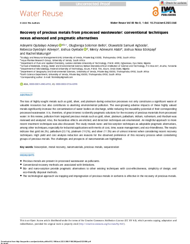 Recovery of precious metals from processed wastewater