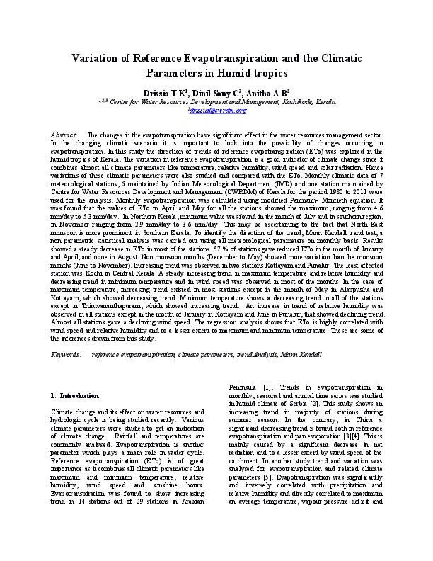 Variation of Reference Evapotranspiration and the Climatic Parameters in Humid tropics