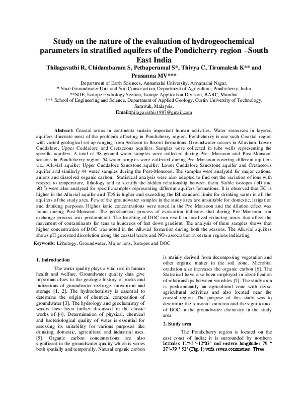 Study on the nature of the evaluation of hydrogeochemical parameters in stratified aquifers of the Pondicherry region –South East India