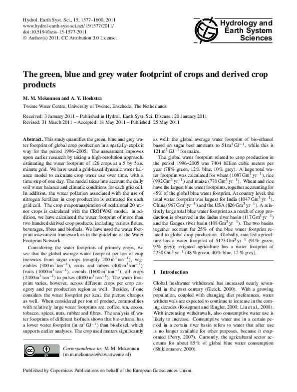 The Green, Blue and Grey Water Footprint of Crops and Derived Crop Products by M. M. Mekonnen and A. Y. Hoekstra