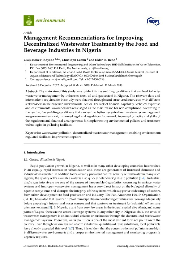 Improving Decentralized Wastewater Treatment by the Food and Beverage Industries