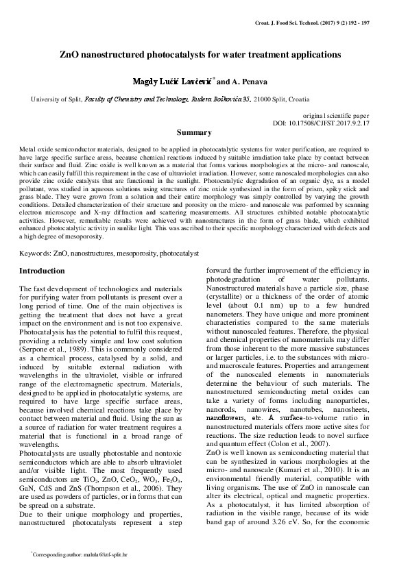 ZnO Nanostructured Photocatalysts for Water Treatment Applications