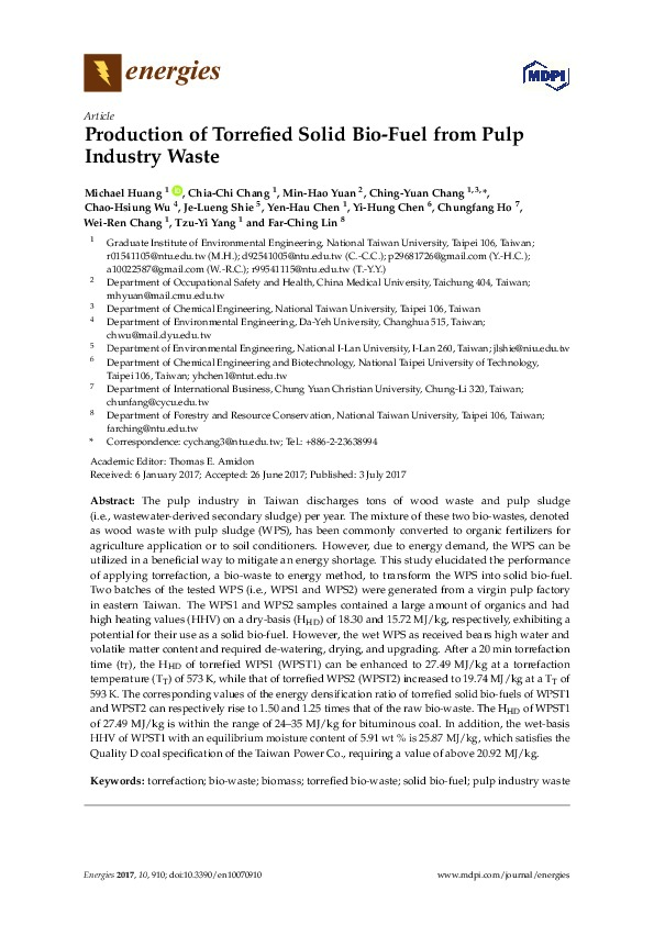Production of Torrefied Solid Bio-Fuel from Pulp Industry Waste - Case Study from Taiwan