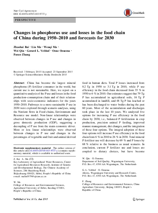 Changes in phosphorus use & losses in the food chain of China during 1950–2010 & forecasts for 2030